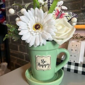 Be Happy Mint Green Ceramic Mug Planter with Saucer & Faux Flowers